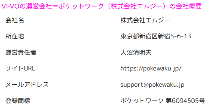 VI-VOの運営会社が株式会社エムジーであることを示す会社概要