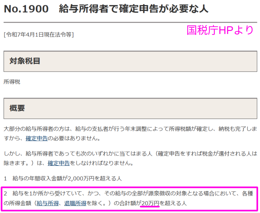 副業の所得が20万円を超えると確定申告が必要と示す国税庁の説明