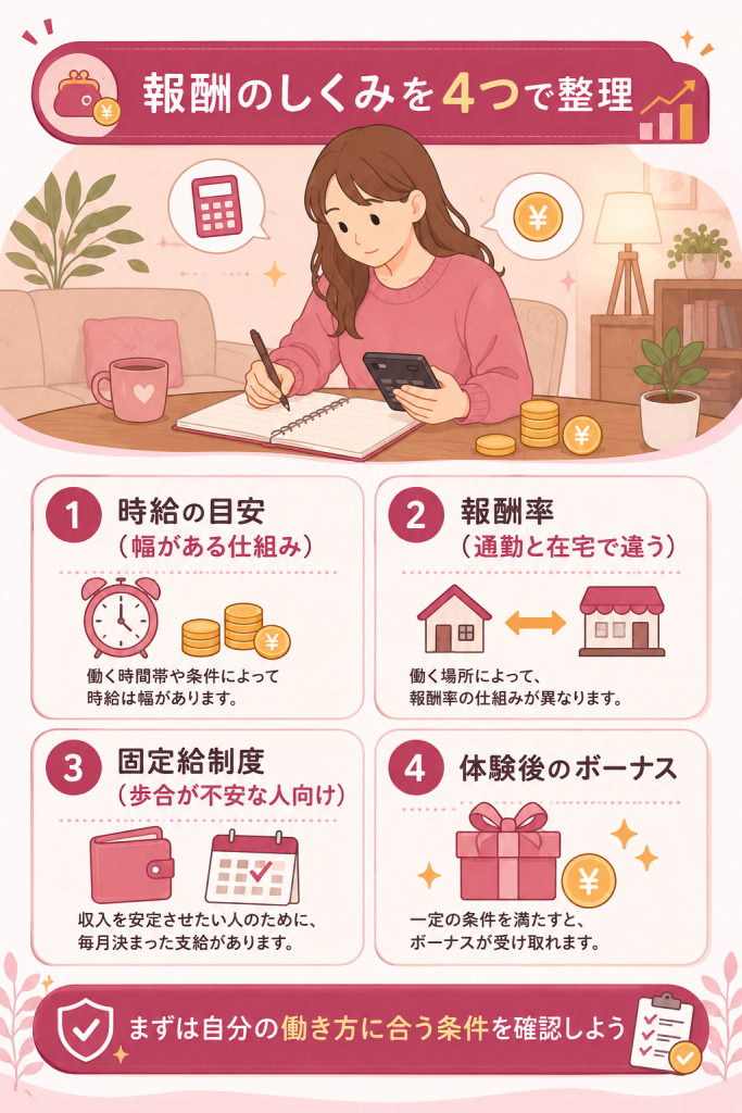 チャットレディの報酬構成(時給・報酬率・固定給・ボーナス)の整理図