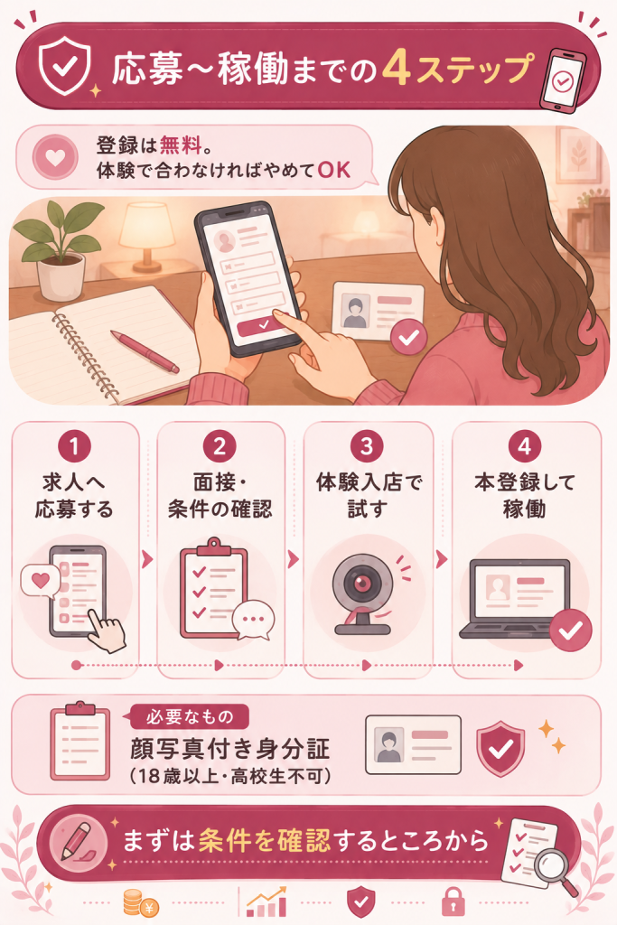 応募から稼働までの4ステップを示すフロー図