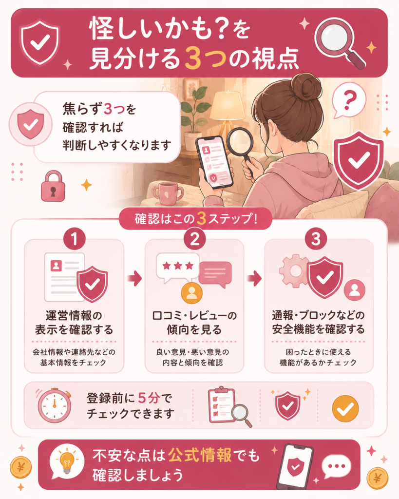 怪しさを見分ける3つの視点を示す図