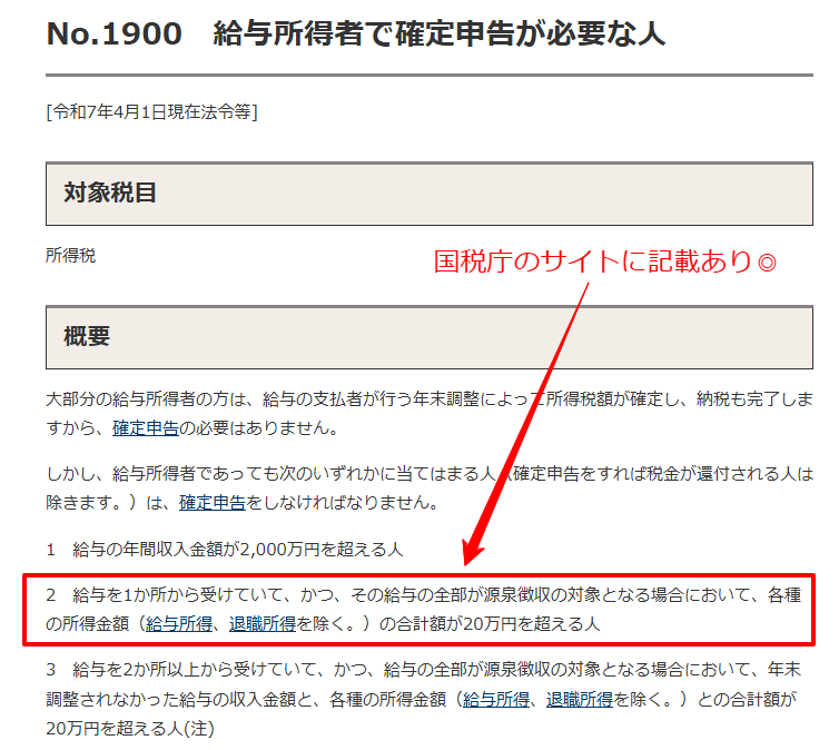 国税庁の確定申告が必要な人の基準の表示