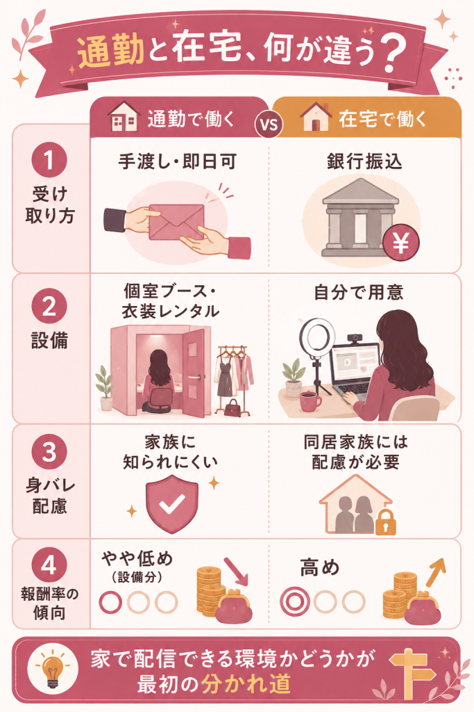 通勤と在宅の違いを4項目で比較した図
