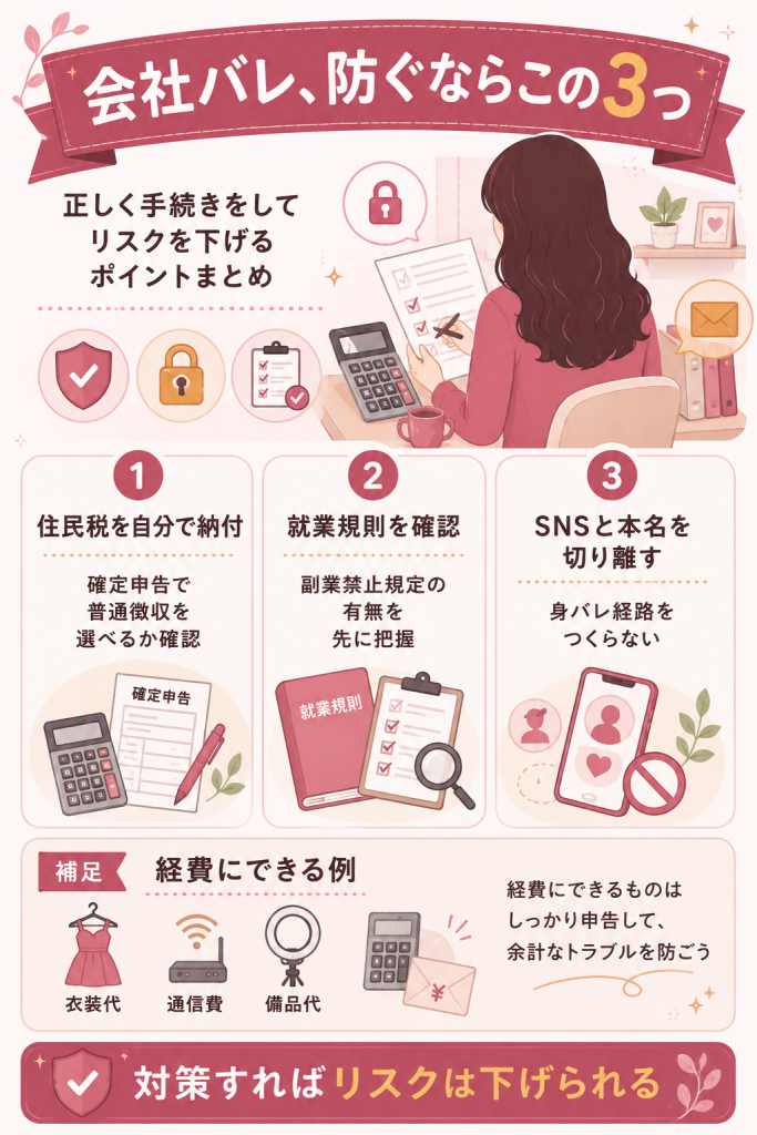 会社バレを防ぐ3つの対策を示す図
