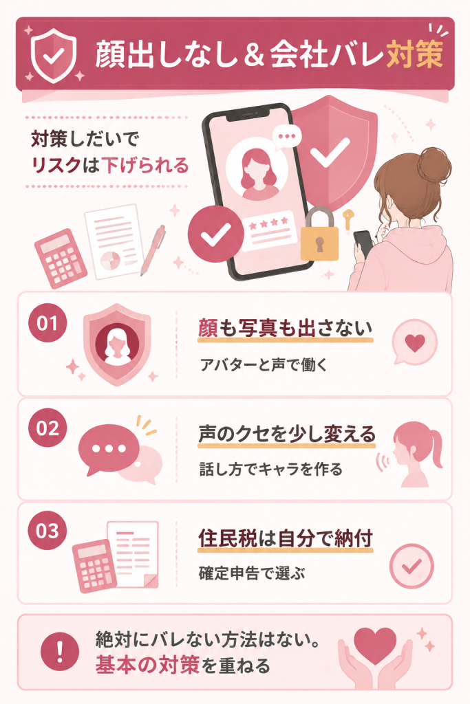 Licaの顔出しなしと会社バレ対策をまとめた図