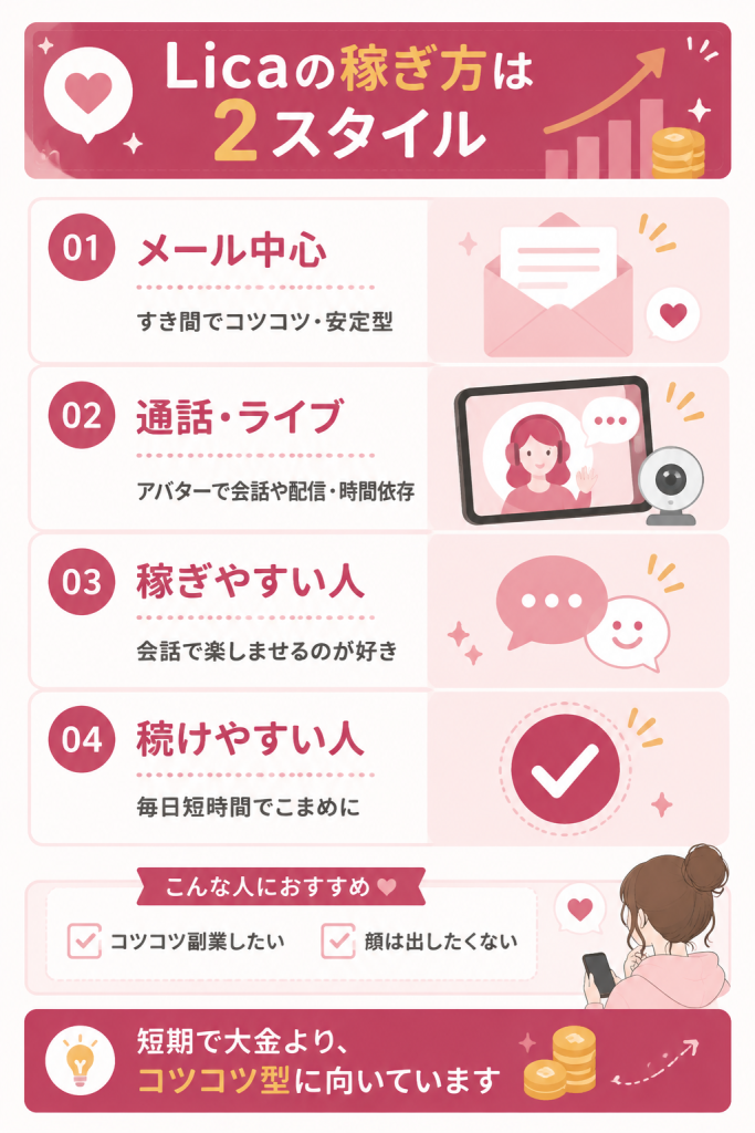 Licaの2つの稼ぎ方と向く人を示した図